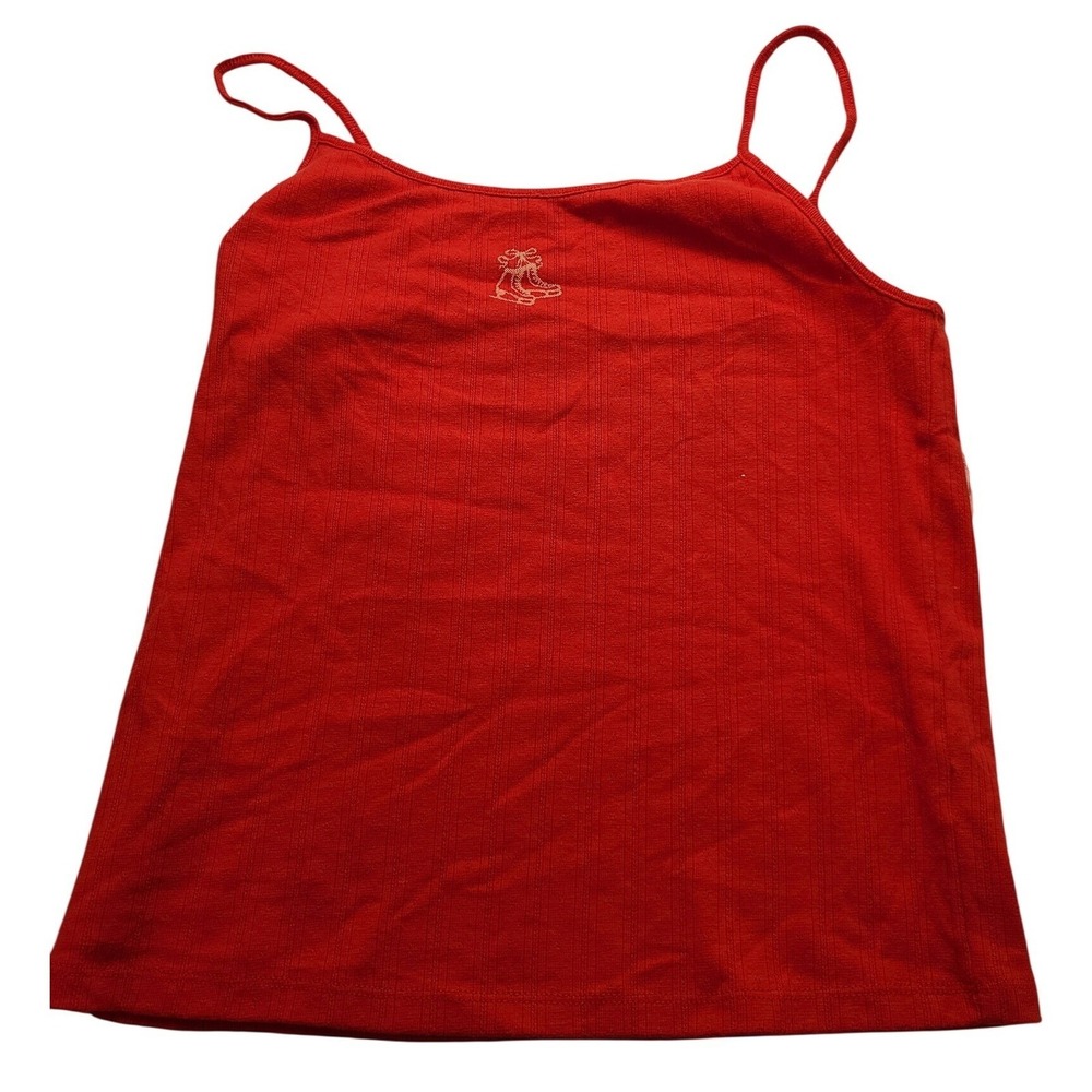 Wild Fable Berry Red Ribbed Pointelle Cami Top Ice Skate Embroidery Size L NWT